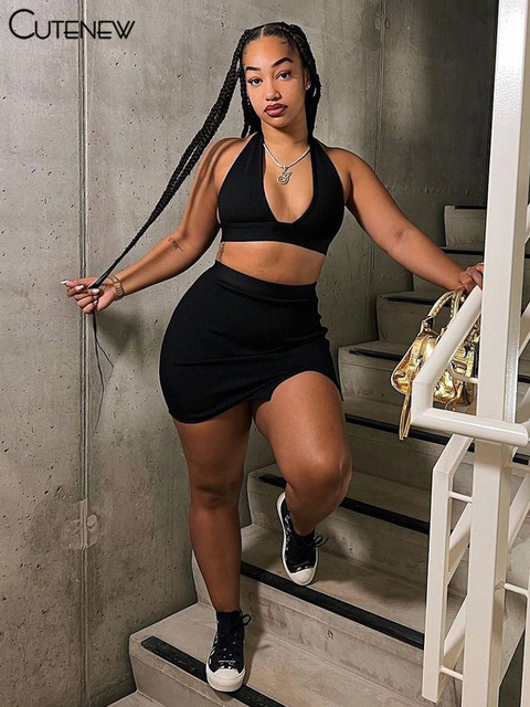 Simple Solid Casual Two Piece Set Women Sexy Deep V-Neck Halter Crop Tops+High Waist Mini Skirt Matching Lady Streetwear