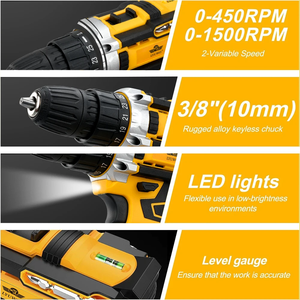 LYUWO Rechargeable Electric Hand Drill, Pistol Drill, Electric Screwdriver, Household Impact Hand Drill Tool,Use MT Battery 5