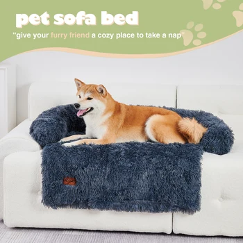 Dog Couch Bed Mat Fluffy Plush Dog Sofa Bed with Blanket, Pet Protector with Removable Washable Cover for Medium and Large Dogs 3