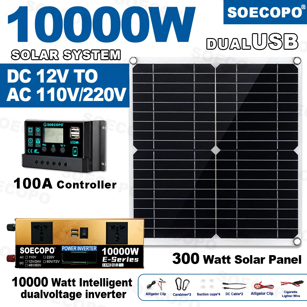 Solar Power Panel Kit 10000W Solar System Power Kit 12V/24V Dual Voltage LCD Inverter 100A Controller 300W Panel for Home/RV/Camping Power Station solar inverter,solar panel kit,solar power panel kit,portable power station