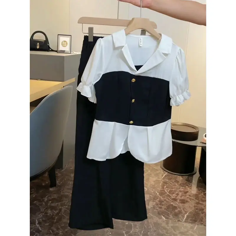 Fashionable Women's Summer New Design with a Sense of Niche, Western-style Splicing, Fake Two-piece Shirt and Pants Set
