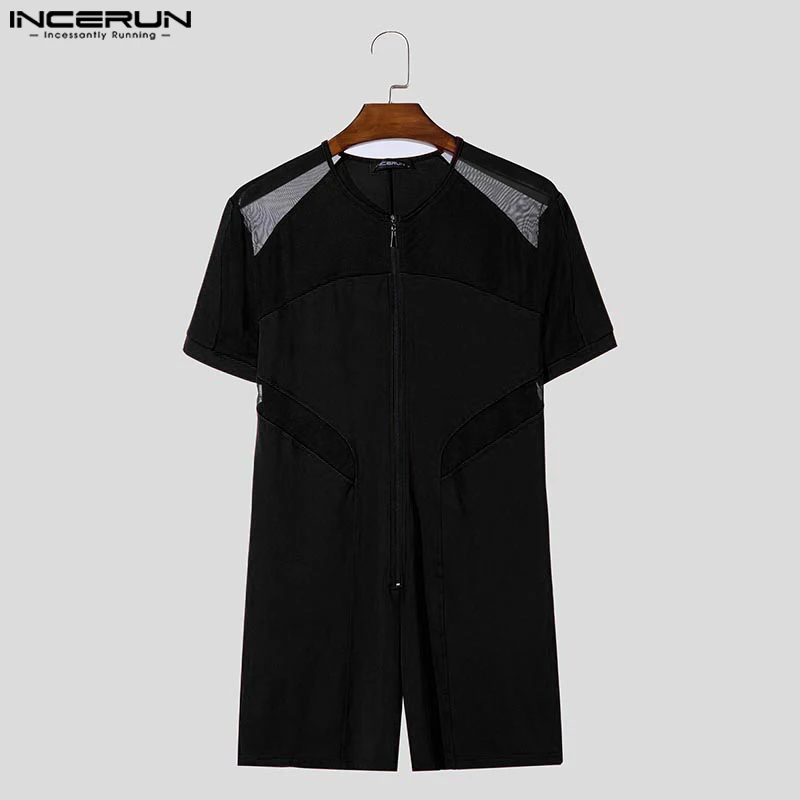 INCERUN American Style Fashion Rompers Men Mesh Splicing Jumpsuits Sexy Homewear Short Sleeved Zipper Flat Corner Neck Bodysuits men bodysuits,men jumpsuits