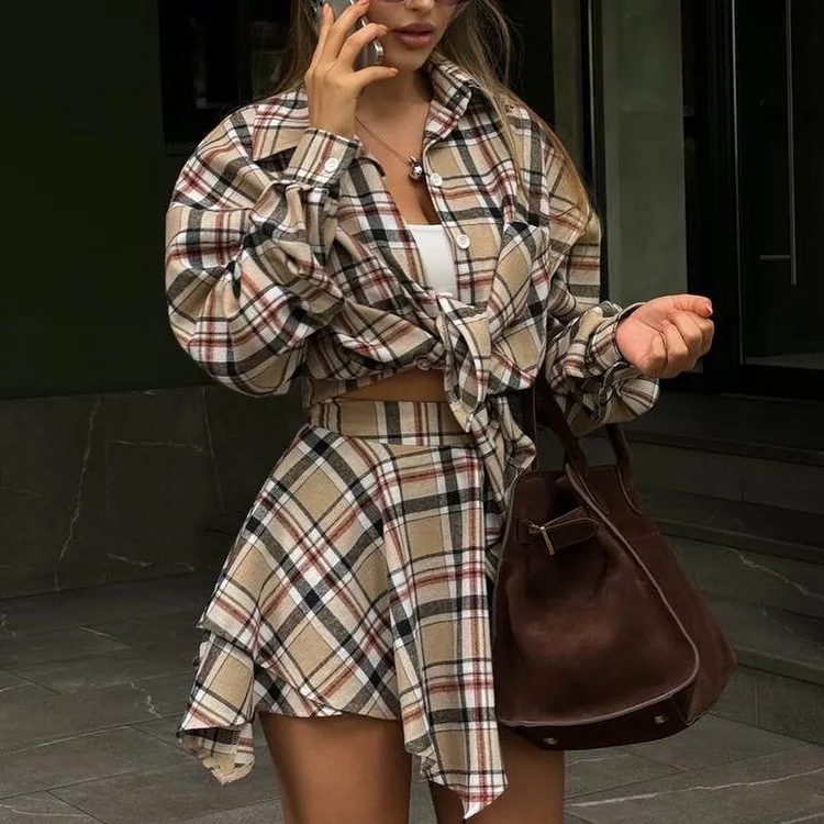 Vintage Contrast 2 Piece-Set Skirt For Women Long Sleeve Slim Patchwork Coat And High Waist Skirt Outfits Ladies Clothes