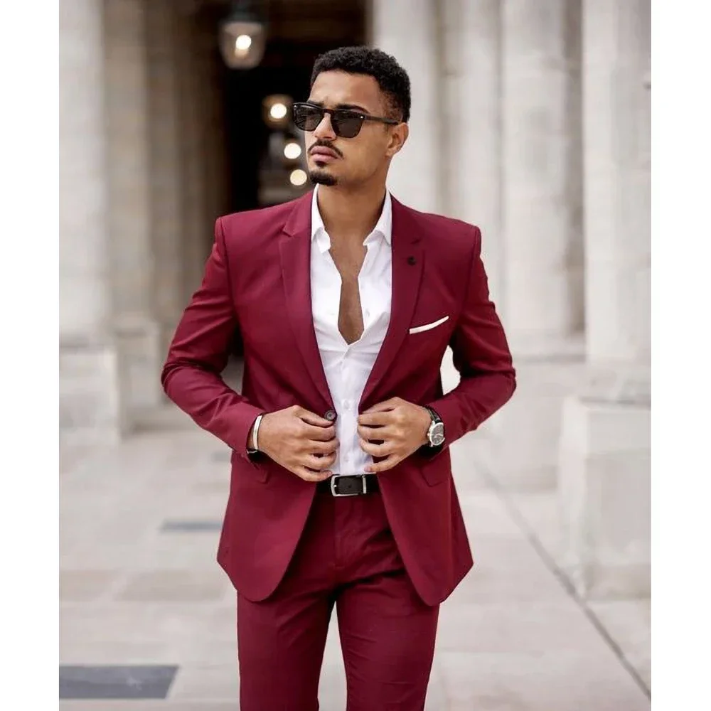 

Burgundy Notch Lapel Men Suits Smart Casual 2 Piece Formal Wedding Groom Best Man Tuxedo Male Suit Slim Fit Costume Homme 2024