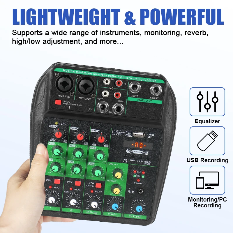 전문가용 미니 오디오 믹서 ? USB 인터페이스가 있는 4채널 휴대용 DJ 사운드 보드, PC/Mac 녹음 및 팟캐스팅에 호환 가능