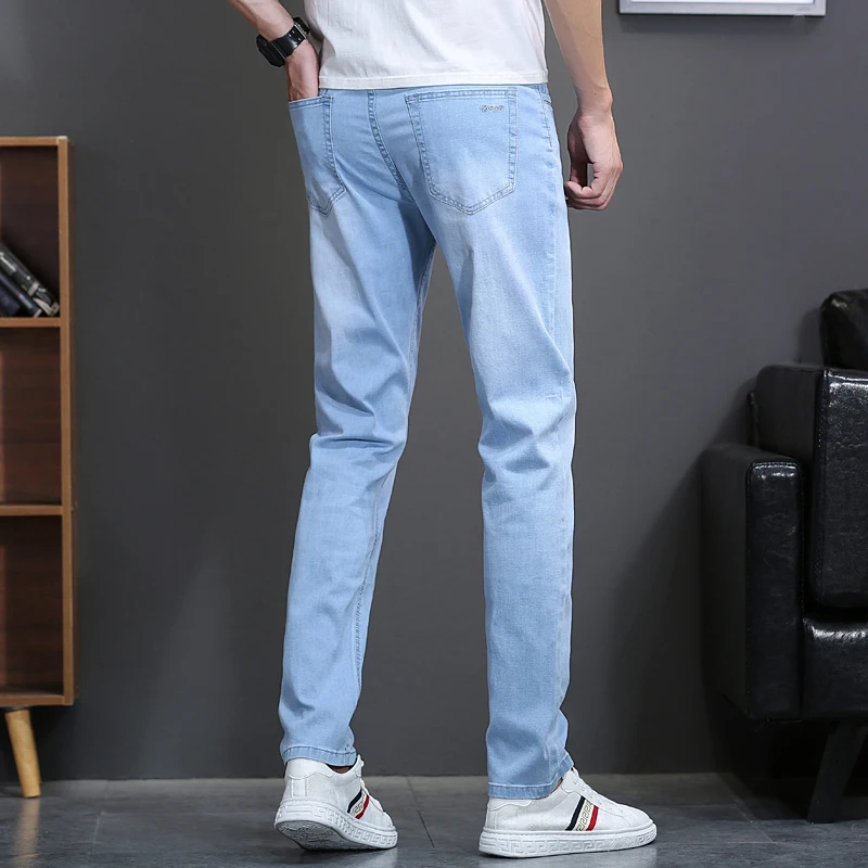 OUSSYU Classic Style Brand Light blue Jeans Men Casual Stretch Slim Denim Pants Fashion Cotton Thin Trousers Male 28-40 4