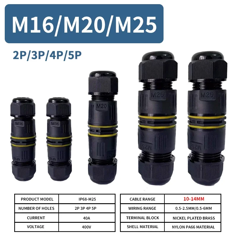 

IP68 M16 M20 M25 Male Female Docking Connector Waterproof 2/3/4/5 Pin Terminal Electrical Wire Cable Connector For Outdoor