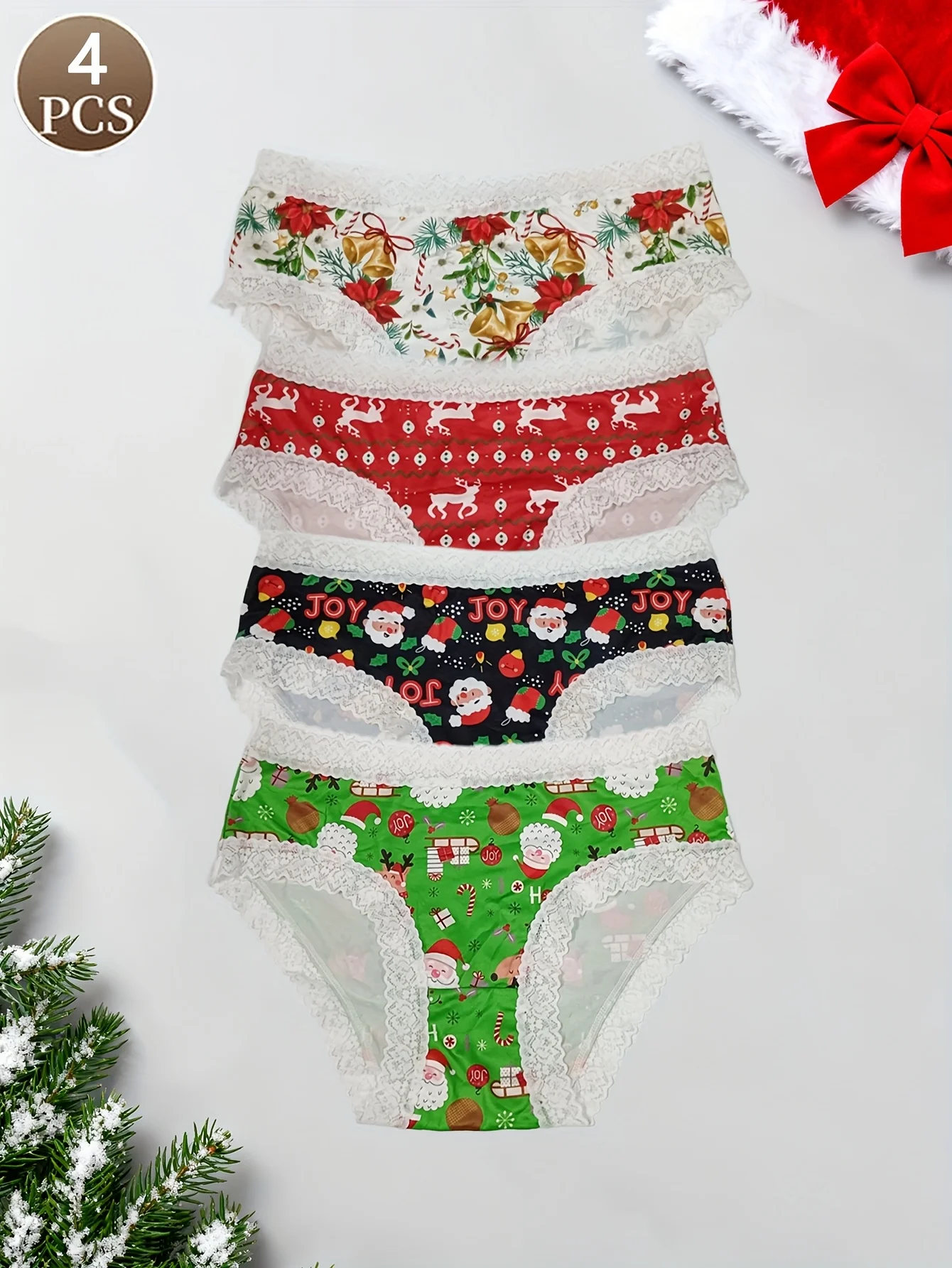4PCS women's briefs with Christmas print soft and comfortable women's underwear casual sports fashionable and simple women's bri