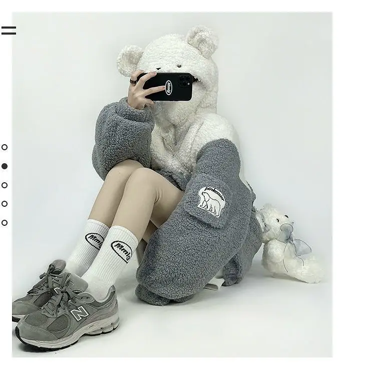 Cute Bear Hoodies Women Autumn Winter Clothes Imitation Lambs Wool Hooded Tops Streetwear BF Oversized Sweatshirt  2022 New