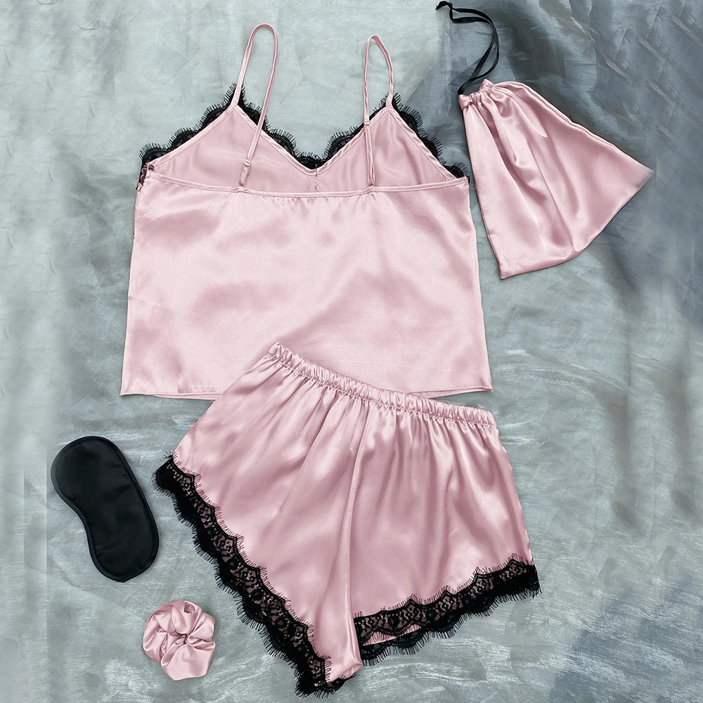 Sexy Sling Tops with Shorts Imitation Silk Pajama Sets Women Casual Solid Color Homewear Sleepwear+eyemask+Hair Tie+Storage Bag