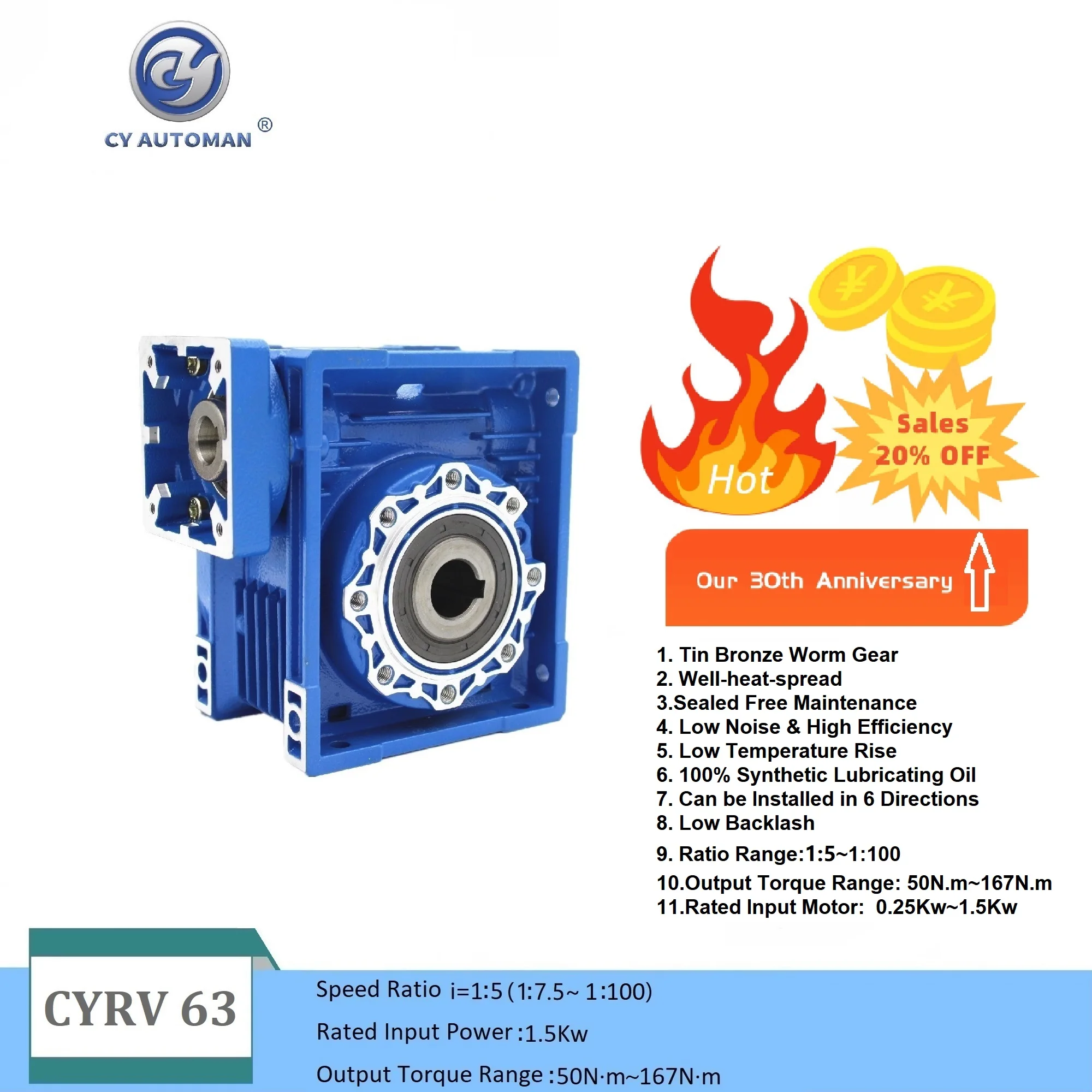 

CYAutoman High Torque Worm Gear Reducer NMRV 63 Input 14/19/22/24mm Output 25mm Ratio 5:1/100:1 CNC Gearbox Speed Reduction