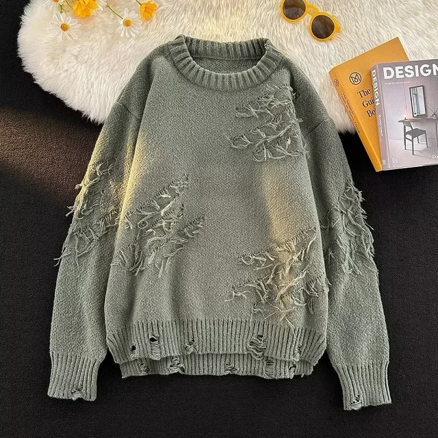 Japanese Style round Neck Knitted Sweater Men Women Loose High Street Vintage Solid Color Distressed Crew Neck Knitwear 2