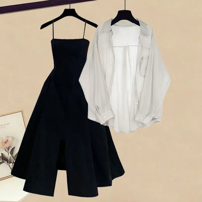 Spring/Summer Set Women's 2024 New Korean Edition Small Fragrant Wind Sunscreen Chiffon Shirt with Hanging Dress Two Piece Set
