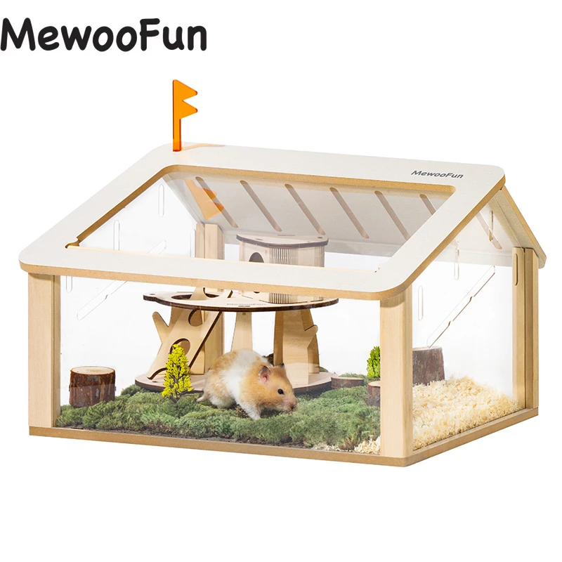 Image showcasing MEWOOFUN Wooden Hamster Cage Small Animal Acrylic Eco-Friendly Hamster ...