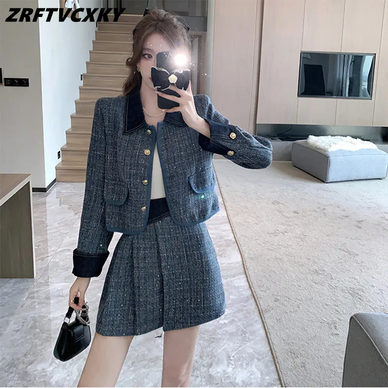 

High Quality Vintage Blue Tweed Two Piece Set Women Lapel Jacket Coat + Mini Skirt Sets Autumn Winter French Woolen 2 Piece Suit
