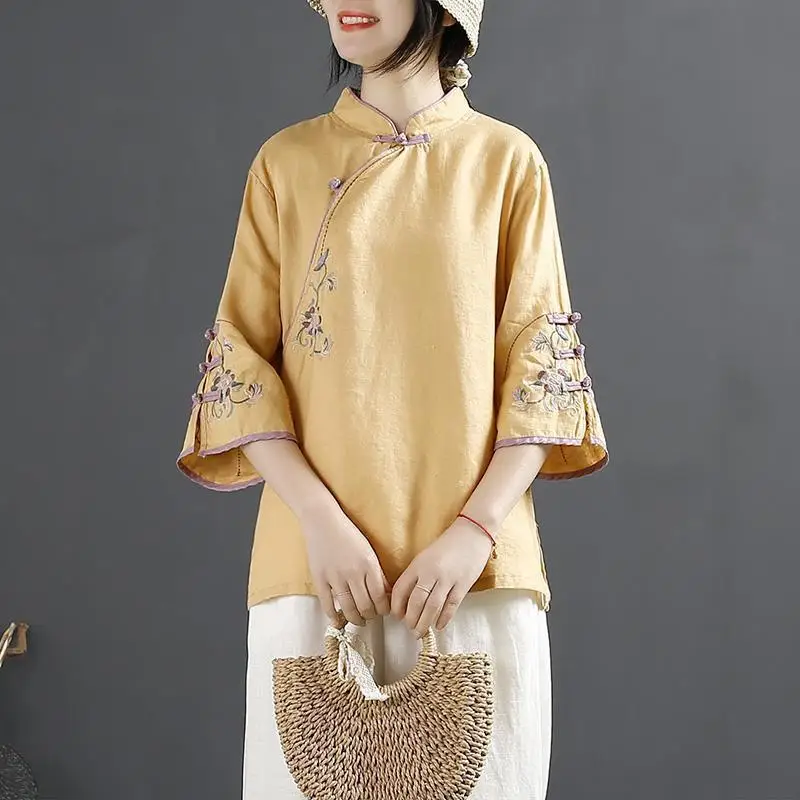 Summer Stand Collar Fashion Three Quarter Shirt Women High Street Cotton Hemp Pullovers Vintage Chinese Style Embroidered Tops