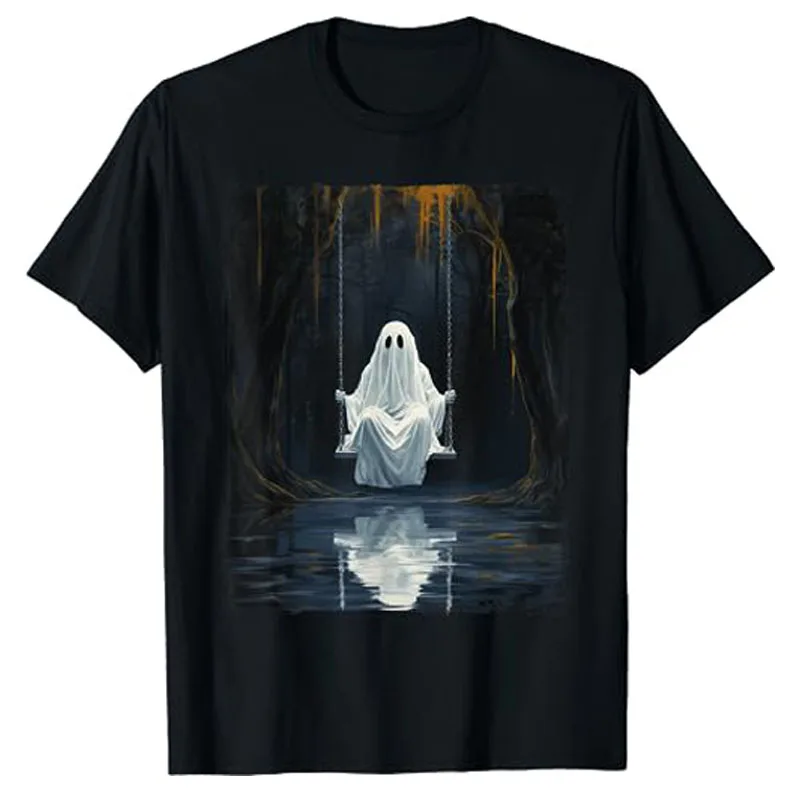 

Ghost on Swing Spooky Art Costume Cute Halloween Ghost T-Shirt Horror Style Graphic Tee Tops Gifts Funny Boo Crew Gothic Outfits