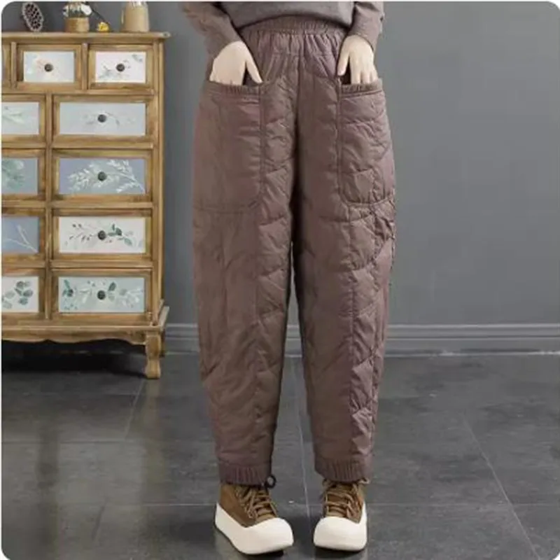 

Женские винтажные утепленные брюки до щиколотки, Свободные повседневные утепленные шаровары с эластичным поясом, модель V817 в декоративном стиле на зиму, 023