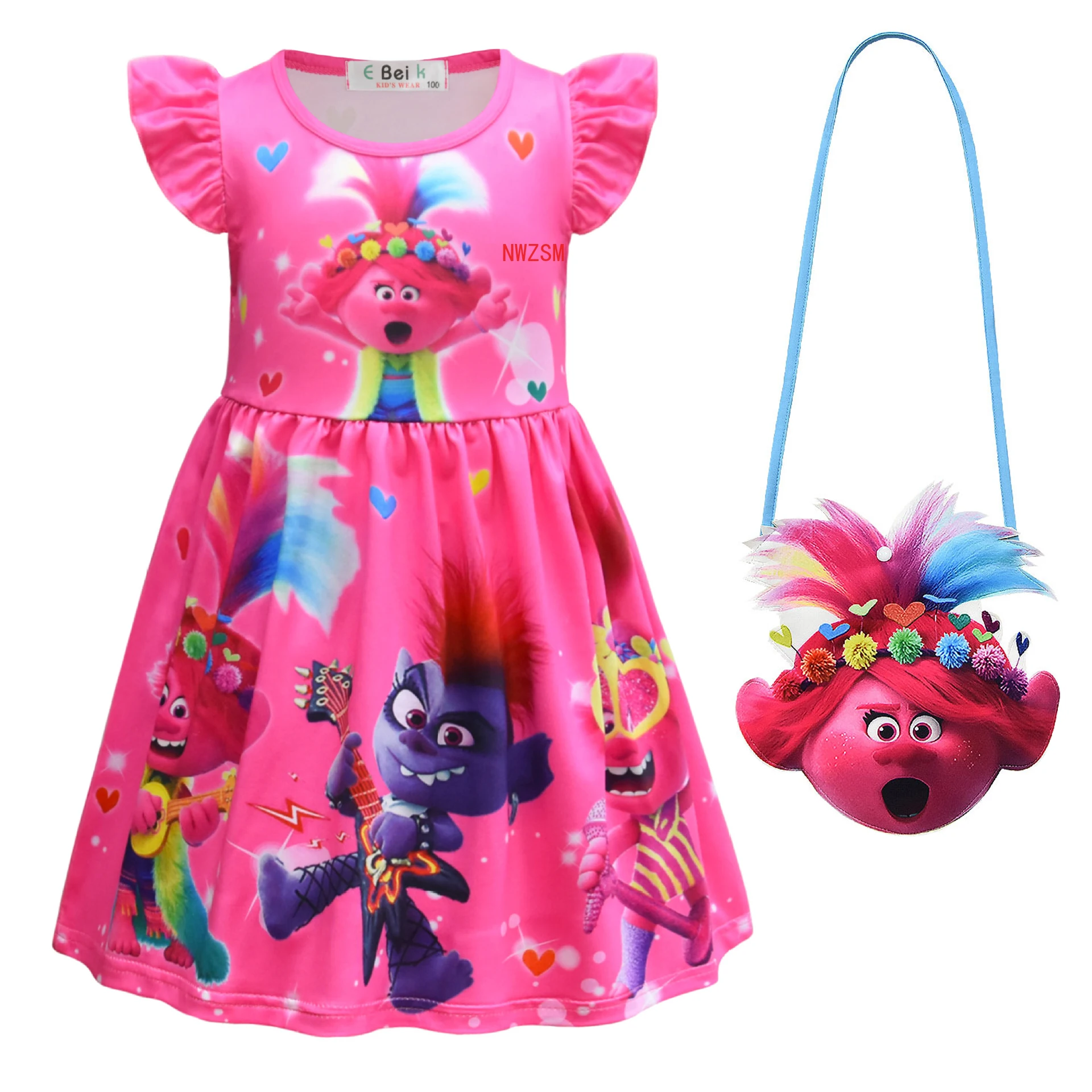 thumbnail image 2 of Vestido de Trolls para niñas, ropa de verano con dibujos animados para niños, vestidos de princesa con mangas con volantes de seda color leche, ropa floral de cumpleaños, 2 of 5