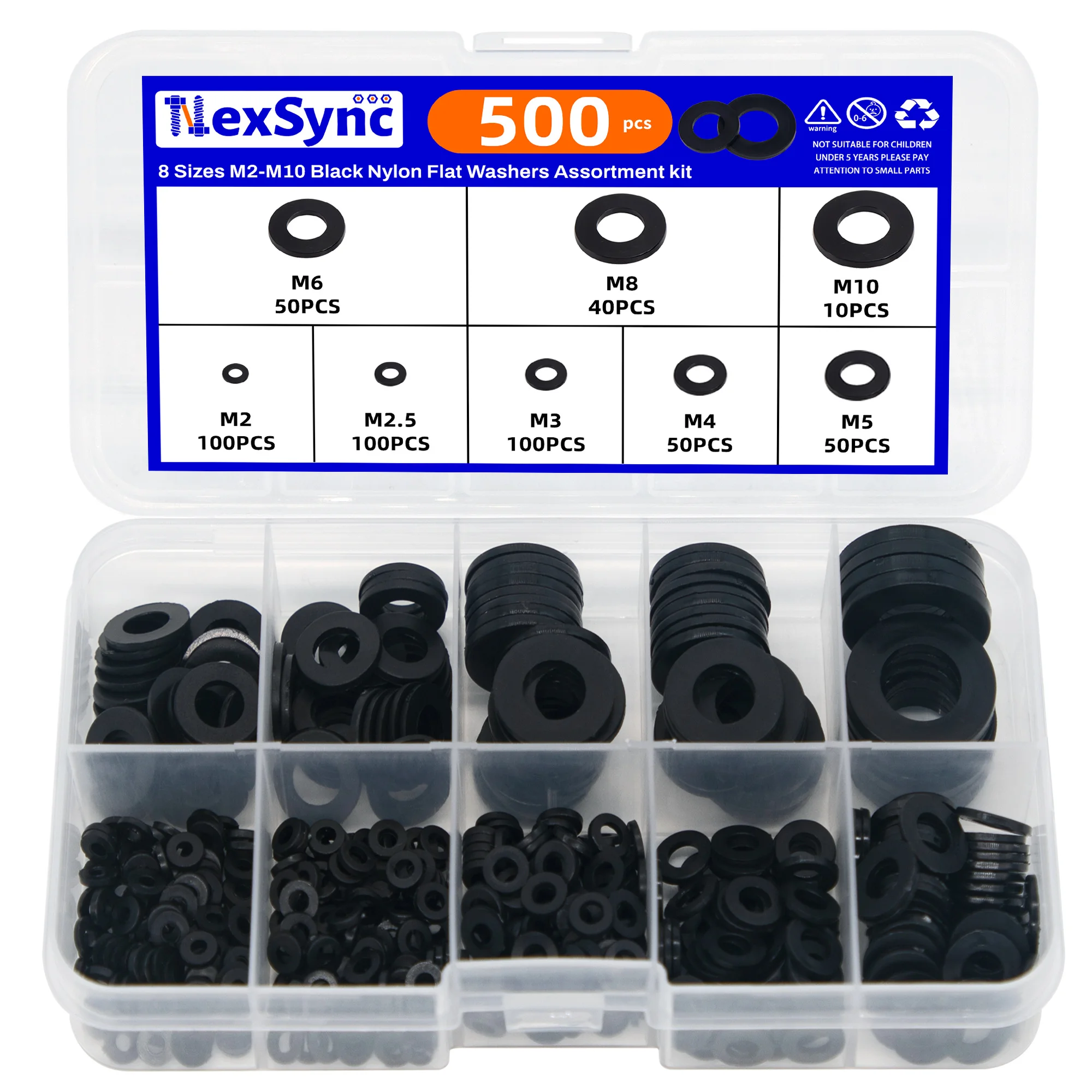 Washer Gasket Set 500PCS 8 Sizes M2-M10 Nylon Flat Washers Assortment