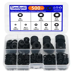 500 - Piece Black Nylon Flat Washer Variety Kit (8 Sizes) (500PCS  black)