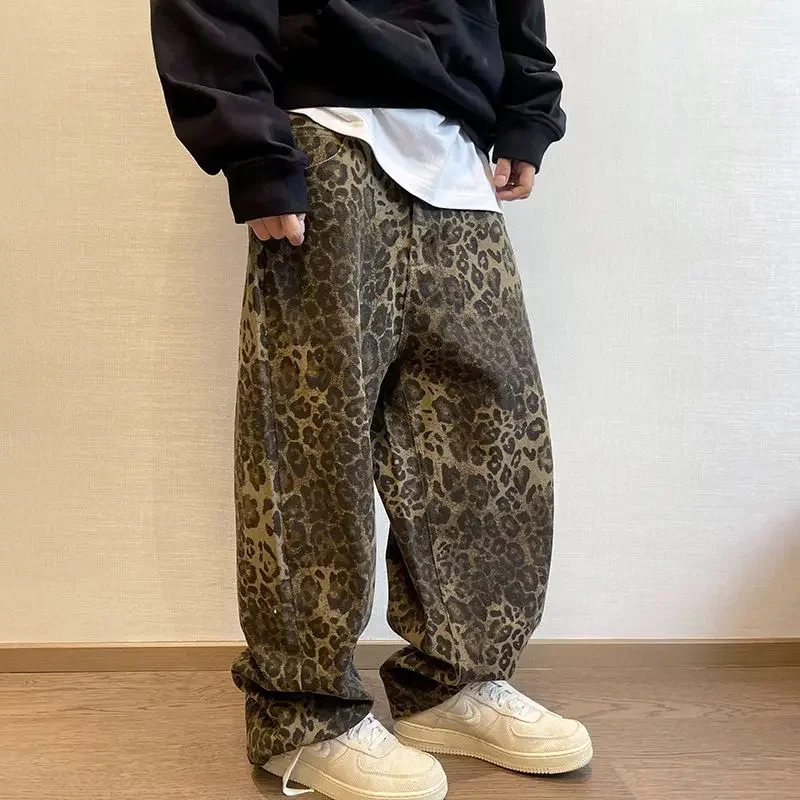 American Baggy Pants Men Y2k Clothes Retro High Street Sports Pants Leopard Print Casual Pants Plus Size Autumn New Style 2024