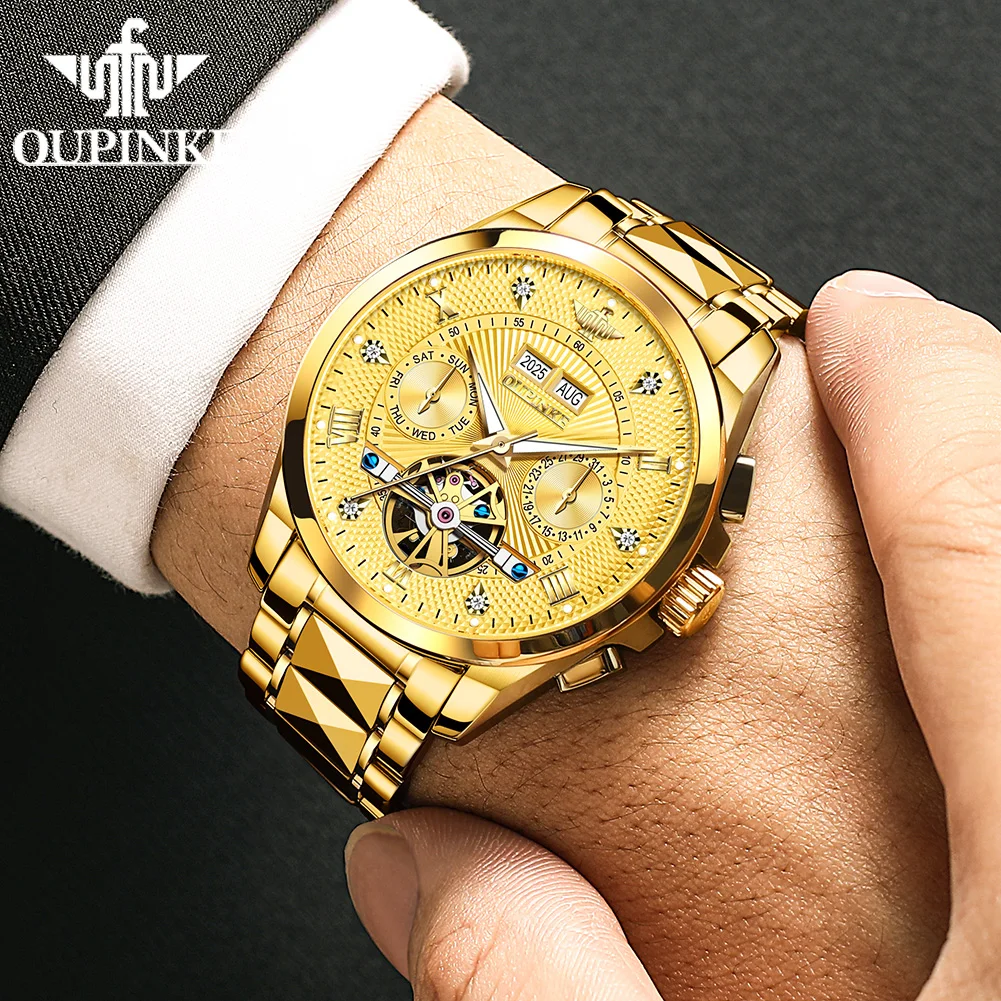 OUPINKE 3270 Luxury Man Watch Fashion Skeleton Flywheel Fully Automatic Watch For Men HD Luminous Men's Mechanical Wrist Watches