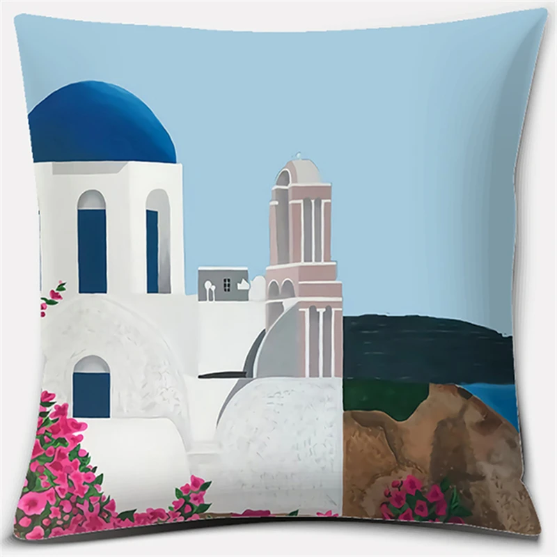 45*45CM Romantic Greek Santorini Collection Pattern Print Pillowcase Beautiful Landscape Square Pillowcase Office Home Decor 