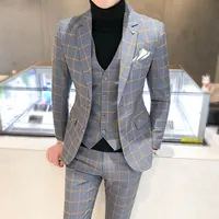 Men Dress Blazers Pants Vest 3 Piece Set / Male Wedding New 2023 Autumn Business Formal Plaid Suit Luxury Slim Fit Coat Trousers 1