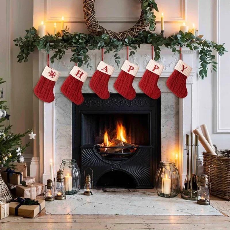 Christmas Socks Knitting Snowflake Letter Stocking Christmas Decoration For Home Xmas Tree Ornament Gift Stocking