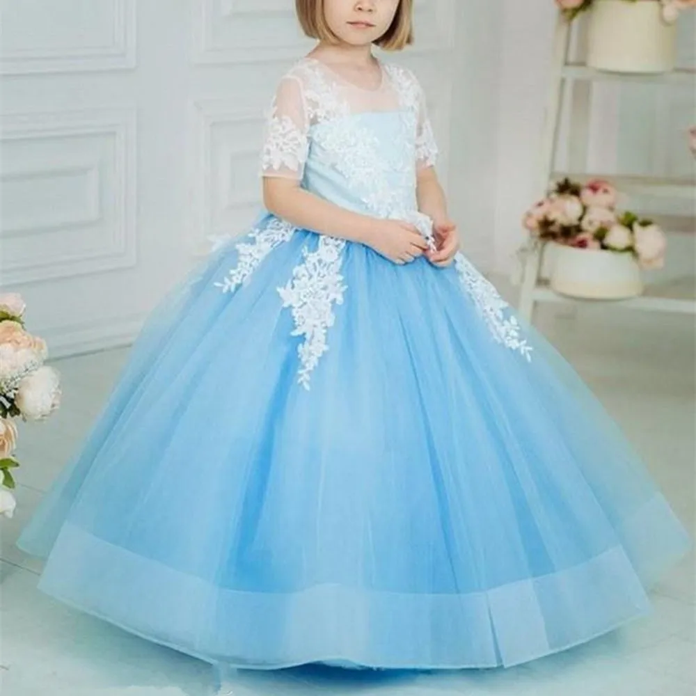 

Flower Girl Dresses Azure Appliqué Fluffy Bow Lace Pattern Cascading Kids Pageant Gowns For Weddings First Communion