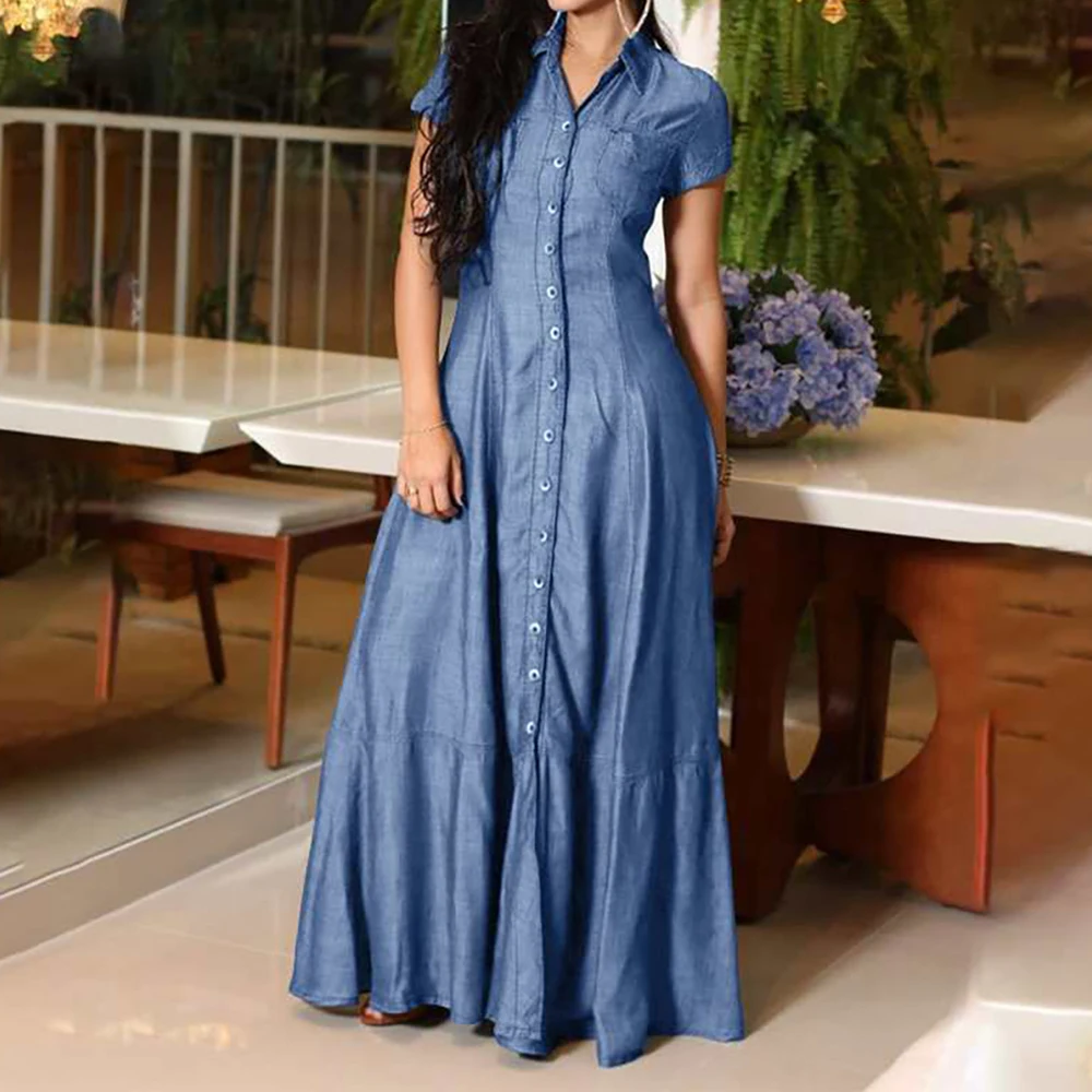 

Elegant Solid Women Large Swing Denim Dress Casual Turn Down Collar Short Sleeve Single Breasted Vestido Autumn Lady Chic Robes