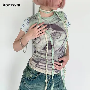 Karrcat Grunge Aesthetics Mesh Tops Y2k Cyber Graphic T-shirt Harajuku Fairycore Bandage Crop Top 2000s E-girls Sheer Tops Chic 1