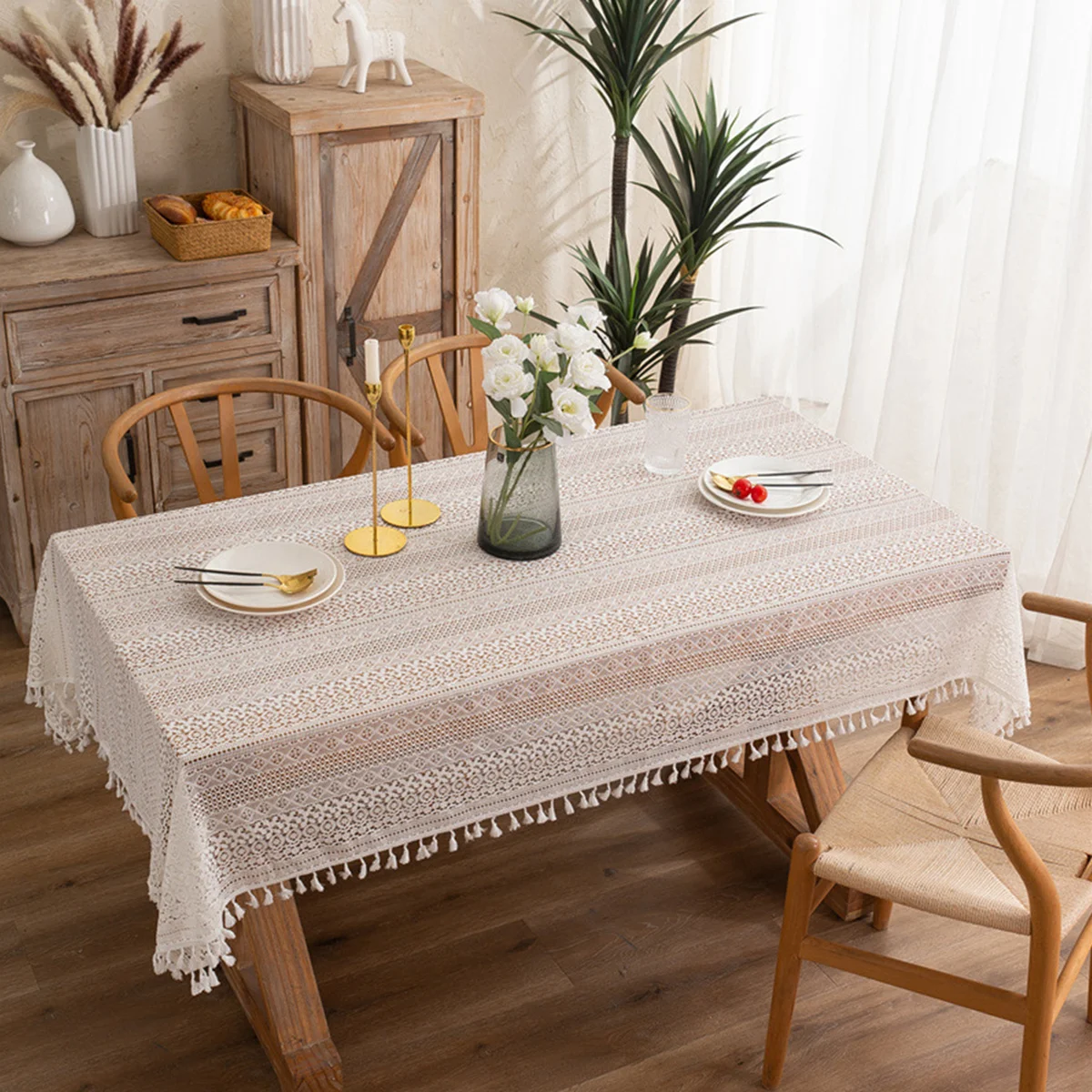 Hollow French Lace Beige Tablecloth Rectangular Wedding Birthday Party Decorative Table Cover Mantel Mesa Nappe with Tassel