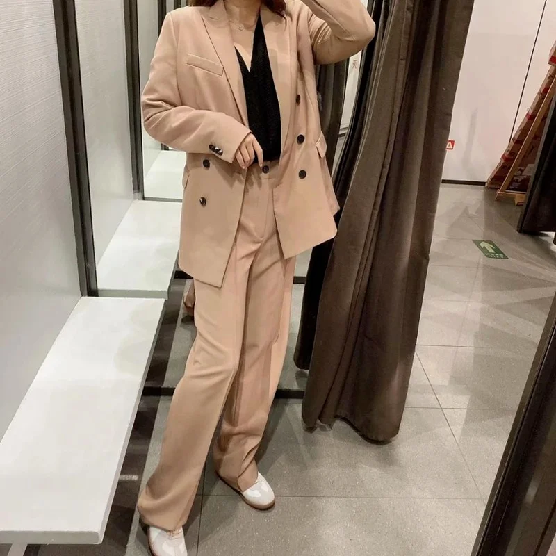 2023 Autumn Winter Two-piece Set Solid Color Pants England Style Double Breasted Long Sleeve Blazer+High Waist Straigt Trousers