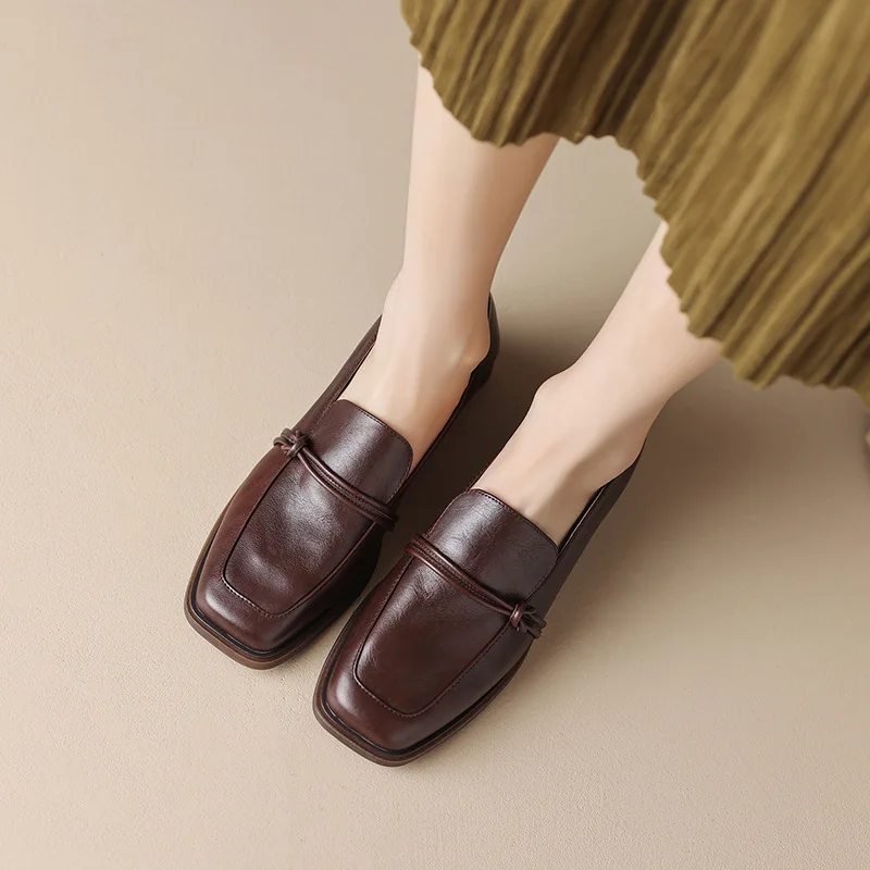 Classic Loafers Women Genuine Cow Leather Square Toe Pumps Slip-on Retro Lady Casual Cozy Shoes Handmade