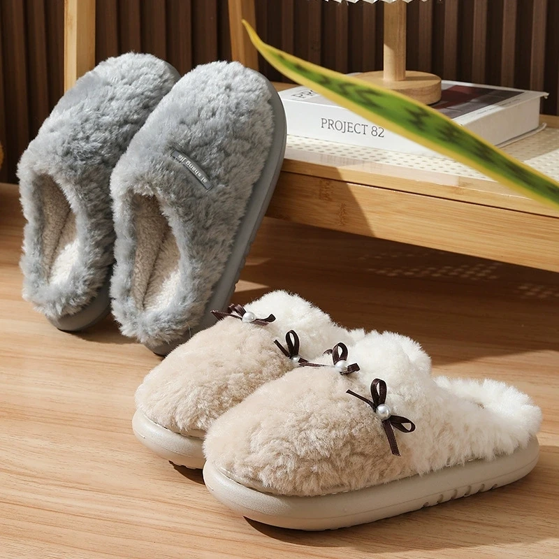 Fashion Pearl Bow Detor Fur Slippers Women Soft Faux Fur Cotton Slippers Woman Winter Thick Bottom Light Cotton Indoor Shoes