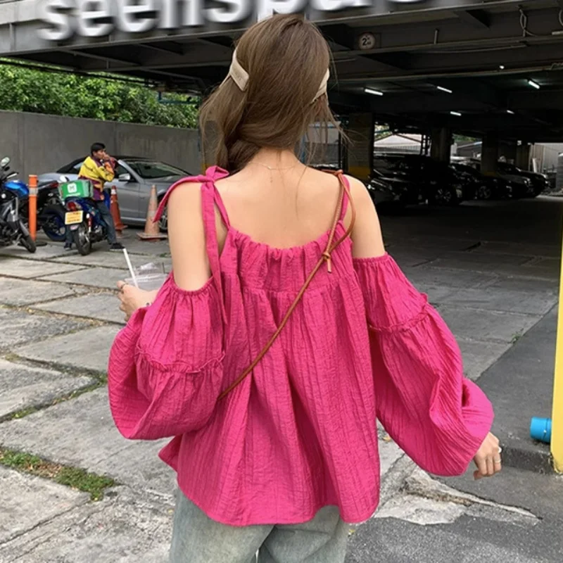 Women y2k Clothes Sexy Solid Color Tie Shoulder Lantern Cold Shoulder Long Sleeve Blouses Tops 2000s Shirts Streetwear