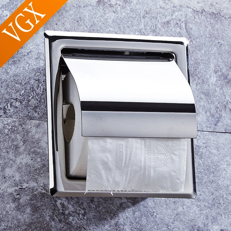 VGX Embedded Toilet Paper Holder Concealed Roll Tissue Box 304 Stainless Steel Wall Mount Bathroom Accessories Matt Black Polish toilet paper holder