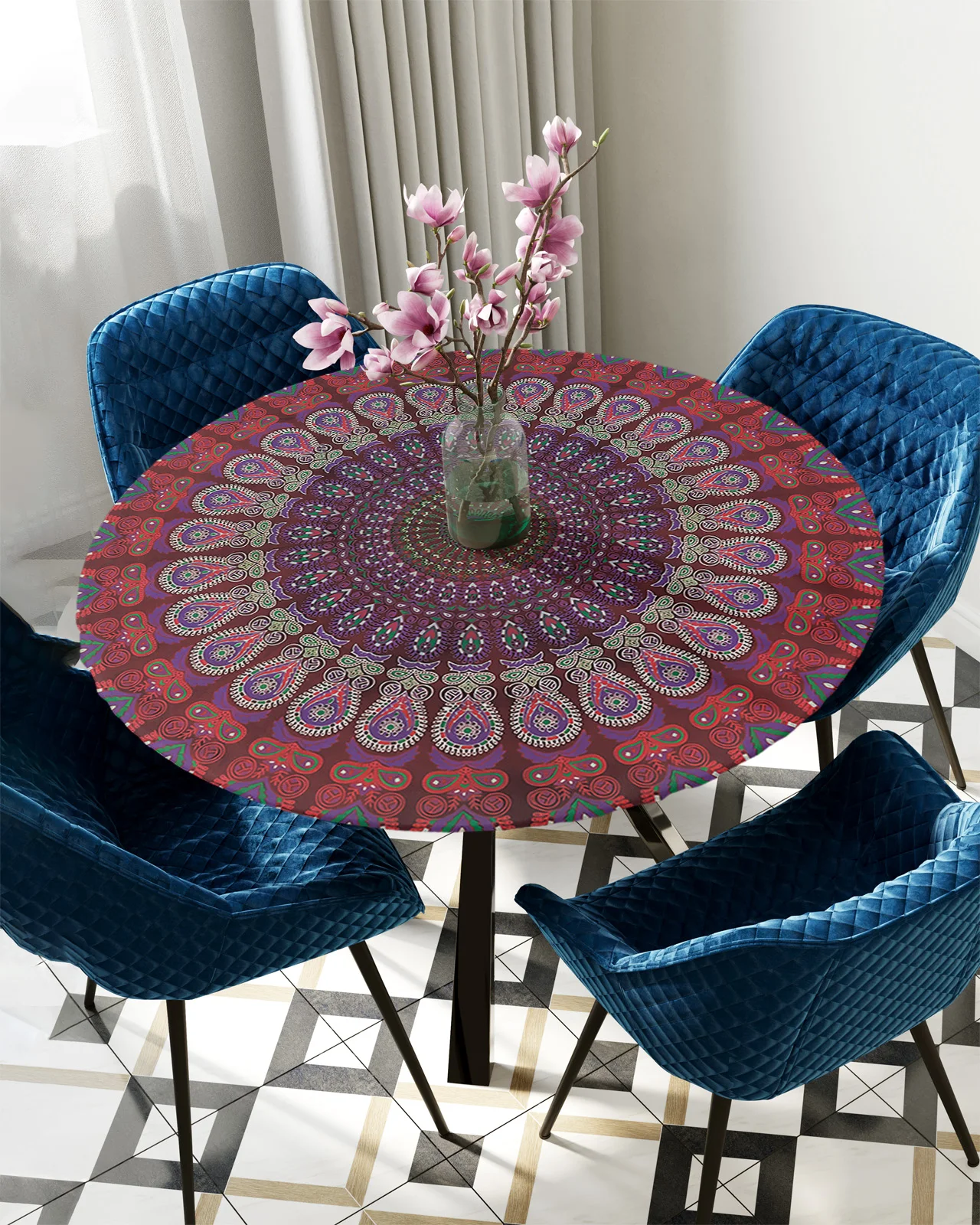 

Mandala Pattern Red Round Elastic Edged Table Cover Protector Cloth Waterproof Polyester Tablecloth Rectangle Fitted Table Cover