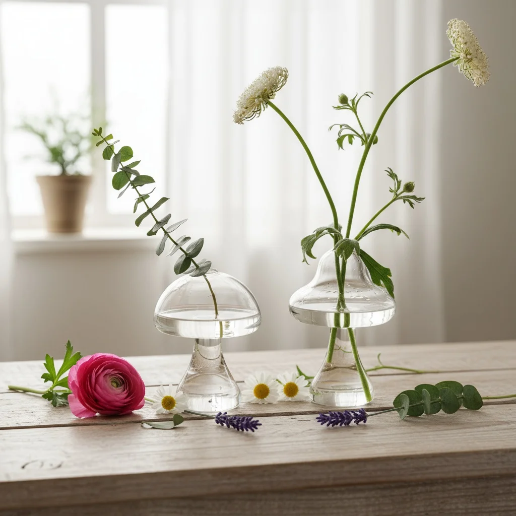 1PC, colored glass mushroom decorative vase, glass material indoor home decoration item, simple solid-color home decoration