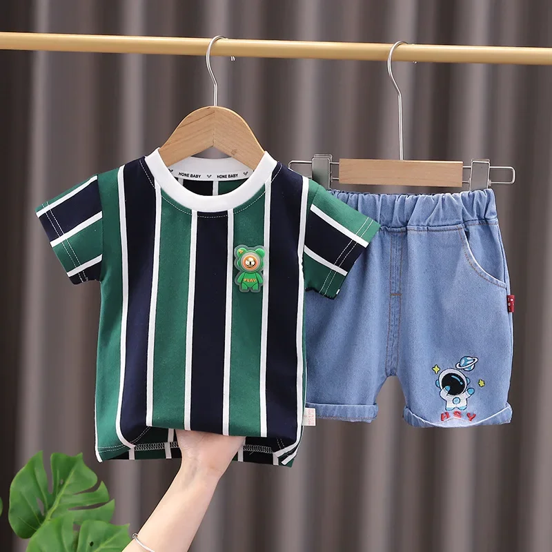 

Summer Baby Boy Clothes 2024 Cartoon Striped Pullover Short Sleeve T-shirts and Shorts Girls Outfits Kids Bebes Jogging Suits