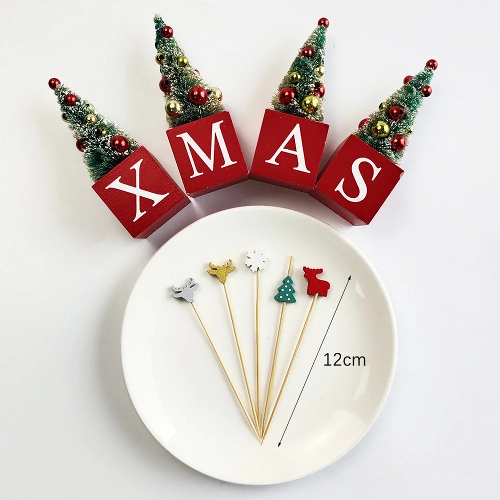 100Pcs Christmas Disposable Bamboo Skewers Santa Xmax Tree Fruit Fork Buffet Dessert Cocktail Sticks Christmas Decoration 2024