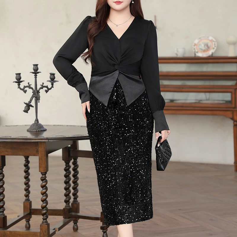 Plus Size Women's Blouses Premium V-Neck Fold Stitching Satin Shirt French Design Knot Puff Sleeve Autumn 2025