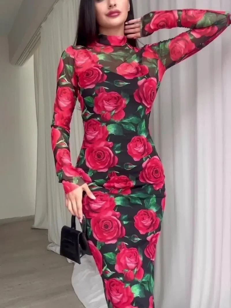 Robe mi-mollet imprimée de fleurs rouges pour femmes, élégante
