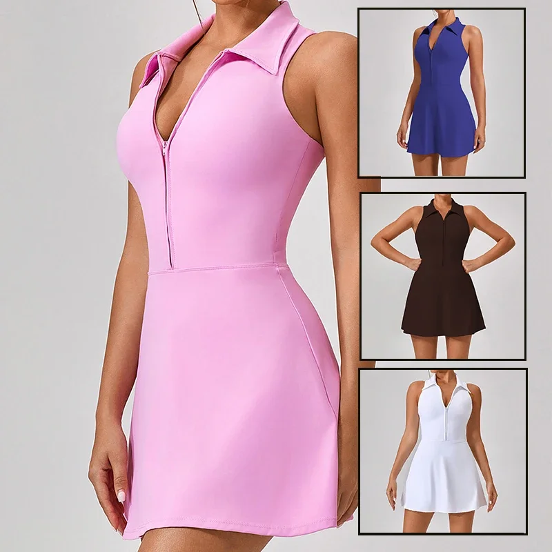 Women Tennis 2-in-1 Golf Sports Fitness Dress Built-in Shorts Sleeveless Polo V-Neck Workout Skirts