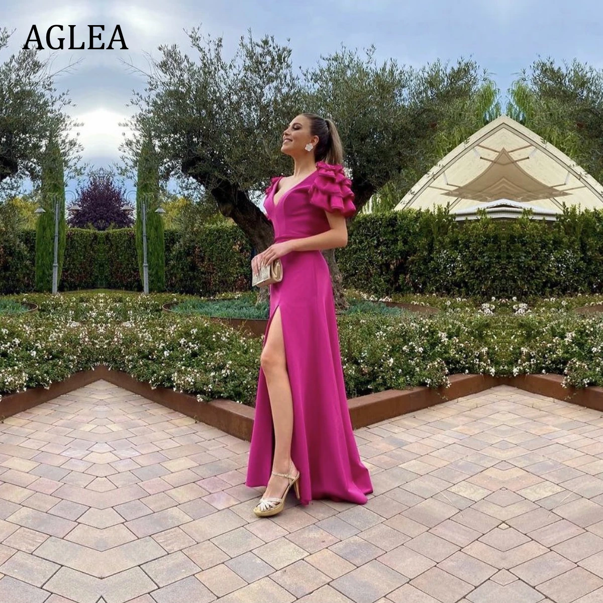 

AGLEA Evening Dresses Formal Occasion Elegant Party for Women Prom Floor Length V-neck A-line Draped Pleat Empire