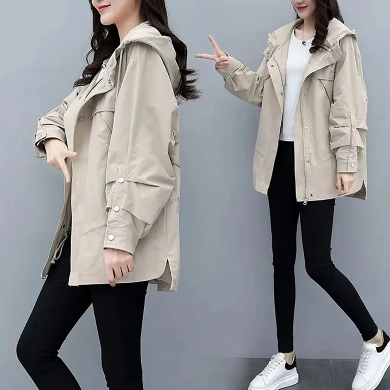 

Beige Windbreaker Women's Mid-Length Trench Coat 2024 Spring And Autumn New Korean Loose Hooded Black Jacket Female Outerwear