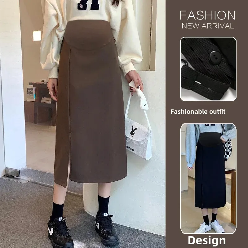 Maternity High Waist Slimming Knitted Woolen Mini Skirt A- Line Split Autumn Winter for Pregnant Women