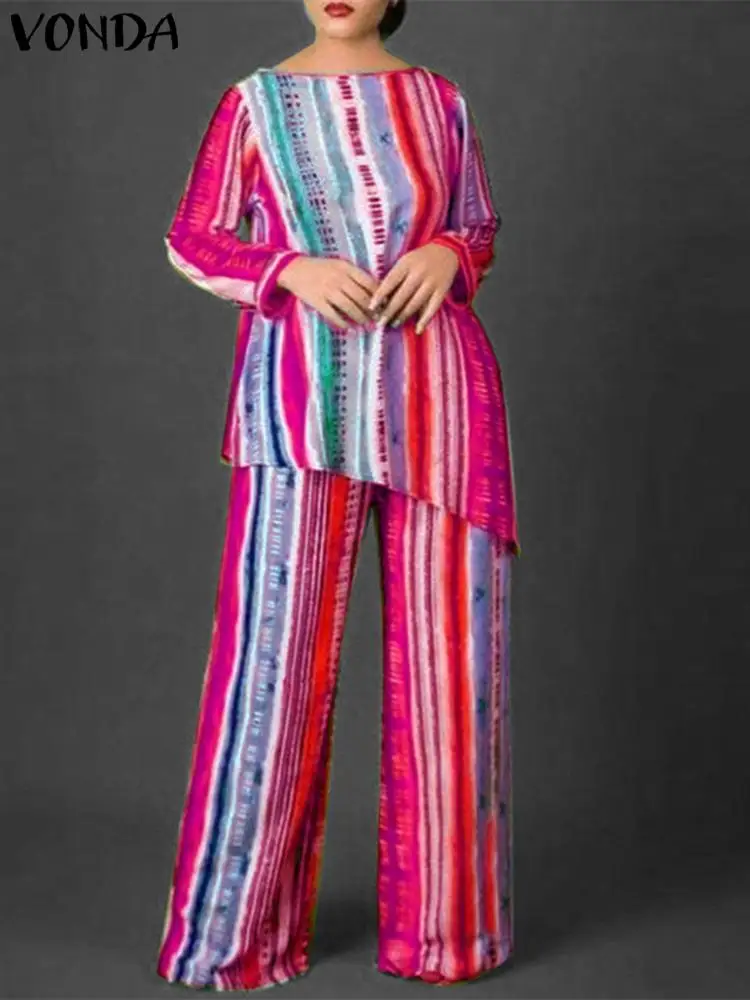 

Bohemian Women Printed Pant Sets 2024 Autumn VONDA Vintage Long Sleeve Tops and Pants 2pcs Kaftan Casual Loose Suits Oversized